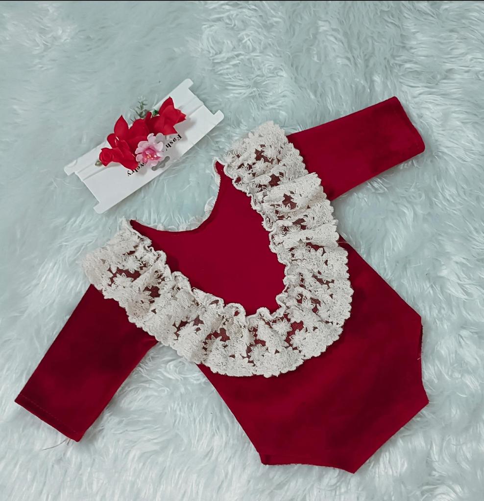 Baby Christmas Red Velvet Headband & Footless Romper Set for Photography