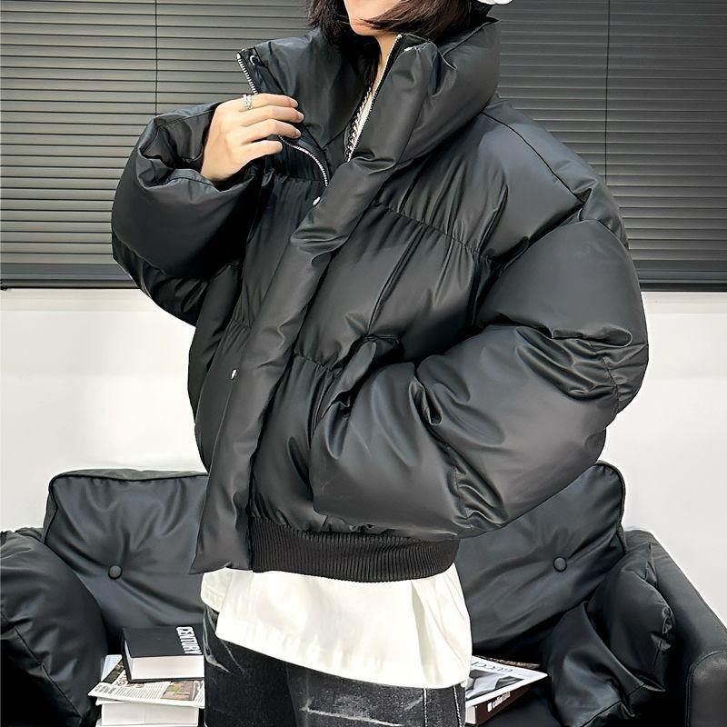 Winter Retro PU Leather Loose Short Cotton Coat Women's Stand-up Collar Thick Coat Cotton Coat