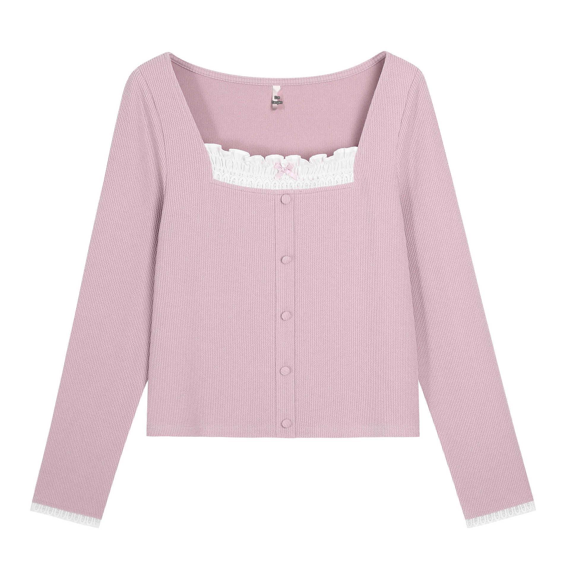 

Женская осенняя блузка с квадратным вырезом и текстурой, отделанная кружевом - Большой размер 5XL (Recommended: 100-110kg) розовый