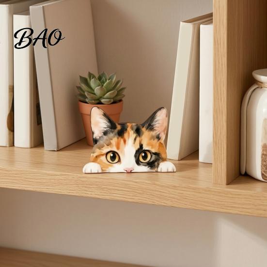 Healing Style Desktop Ornaments Cute Cat Shelf Sitter Ornament, Wooden Peeking Kitten Figurine, Playful Decor 2D Flat Decorative Statue for