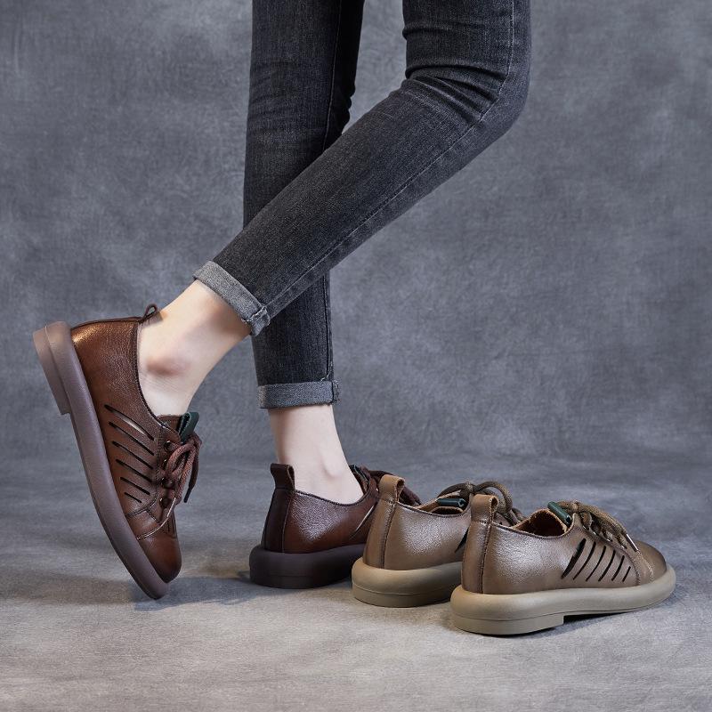 Fashion Vintage Cowhide Brown Flat Sole Women's Shoes Hollow Out Breathable Women's Shoes Summer Women's Shoes Soft and Healthy