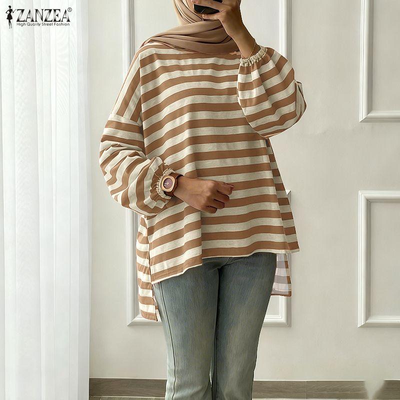 ZANZEA Women Stripe Print Loose Casual Round Neck Long Sleeve T-Shirts