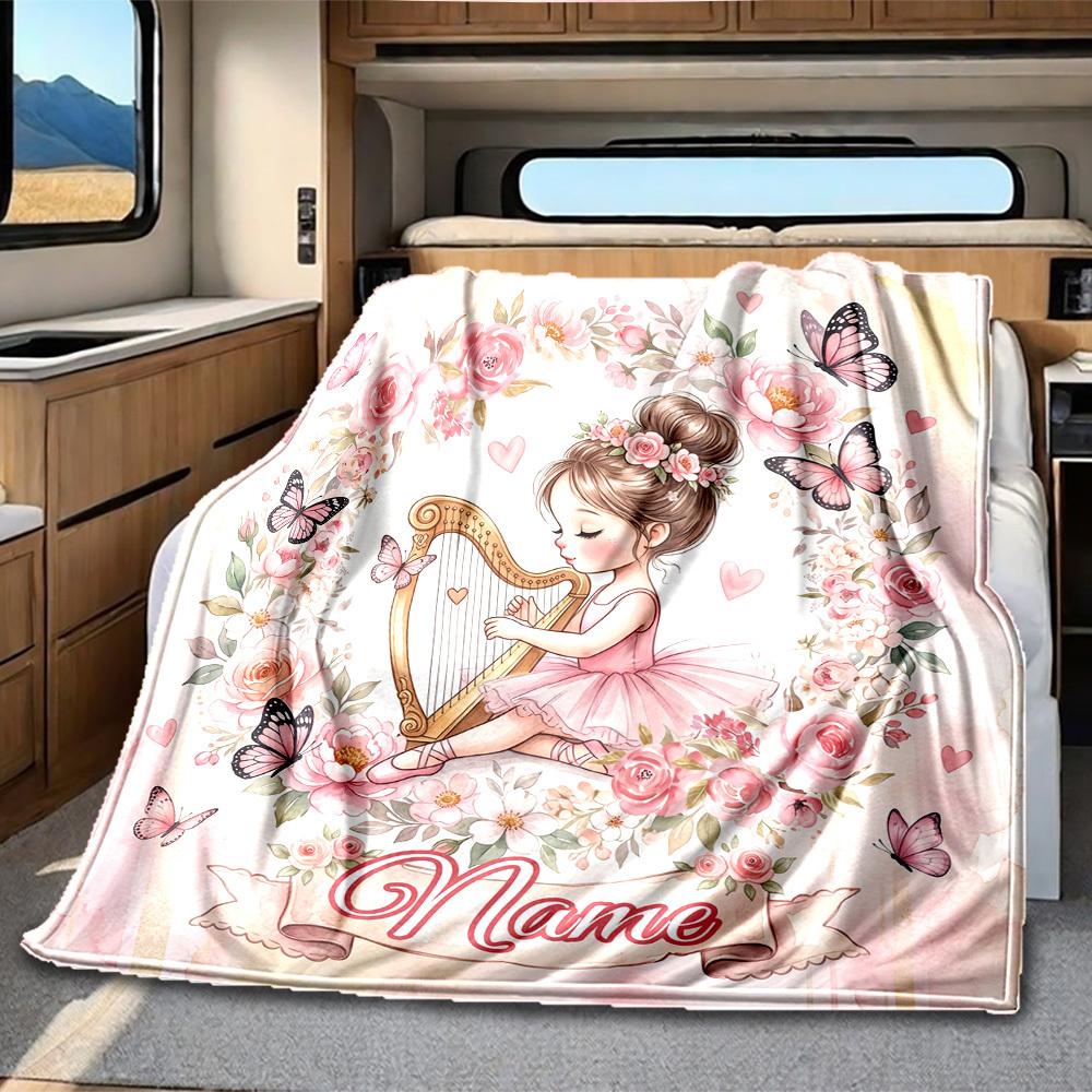 Floral Girl Playing Harp Rv Customize Your Name Blanket Soft Lightweight Allseason Multipurpose Blanket For Travel Camping Picnics Sofa Caravan Bed