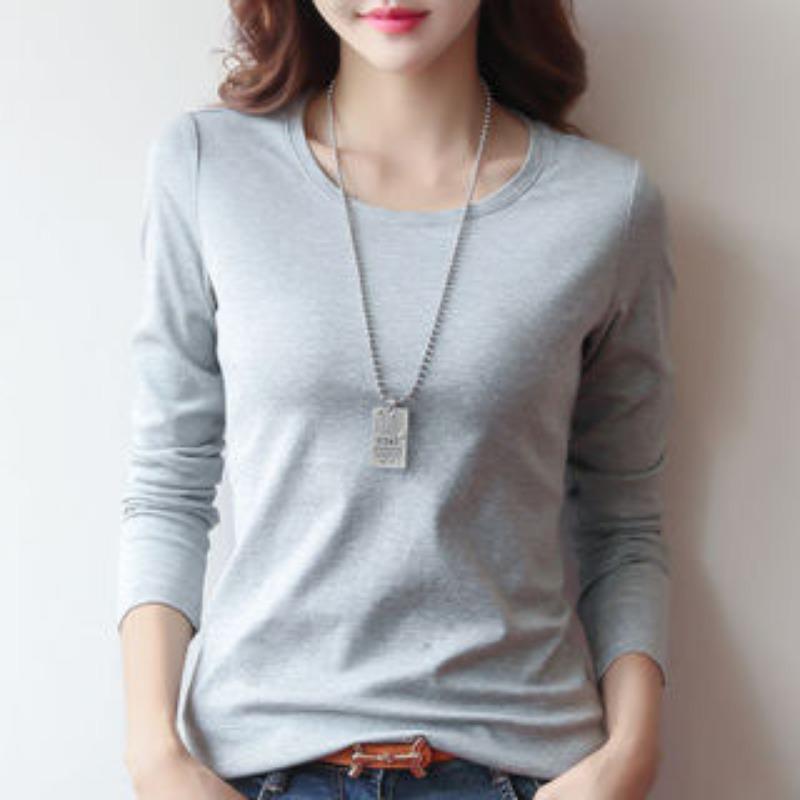 Round Neck Solid Color Long Sleeved Women's T-shirt