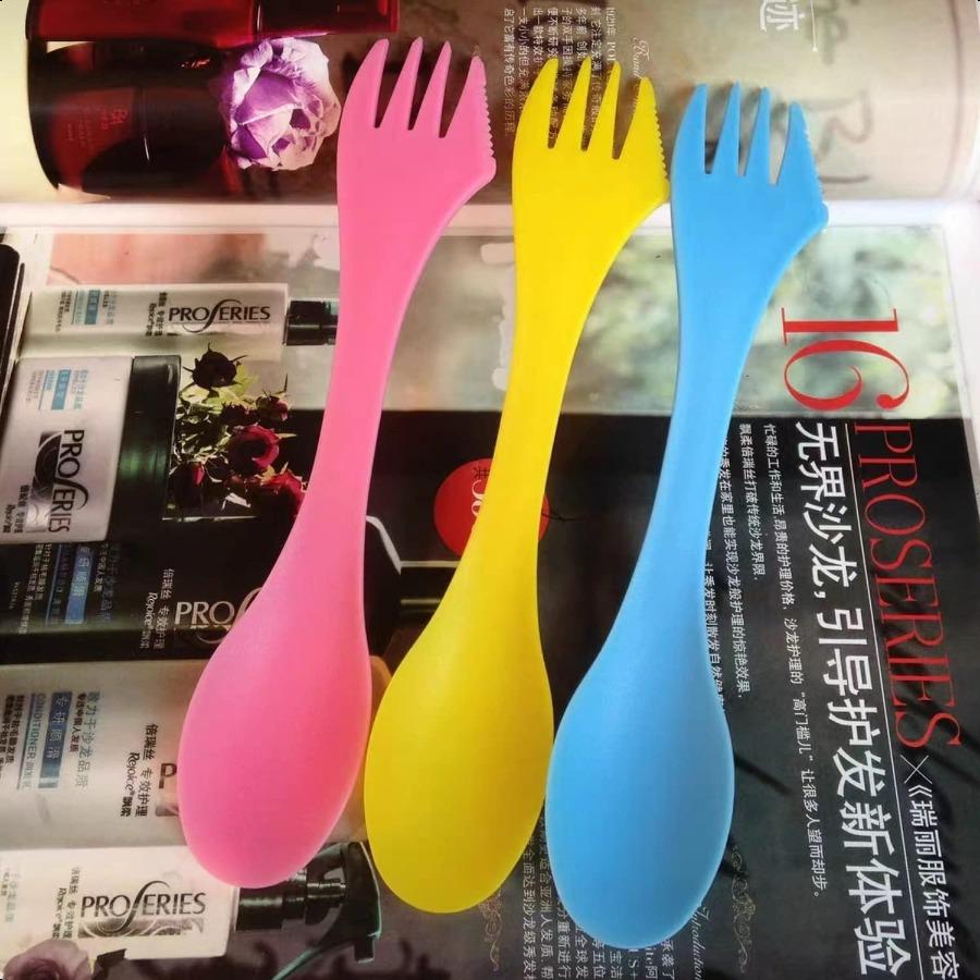 20 Pack Camping Forks 3 in 1 Travel Spoon Fork Knife 7 Inches EcoFriendly Durable Plastic Sporks 6 Colors Mixing Sporks for Bac