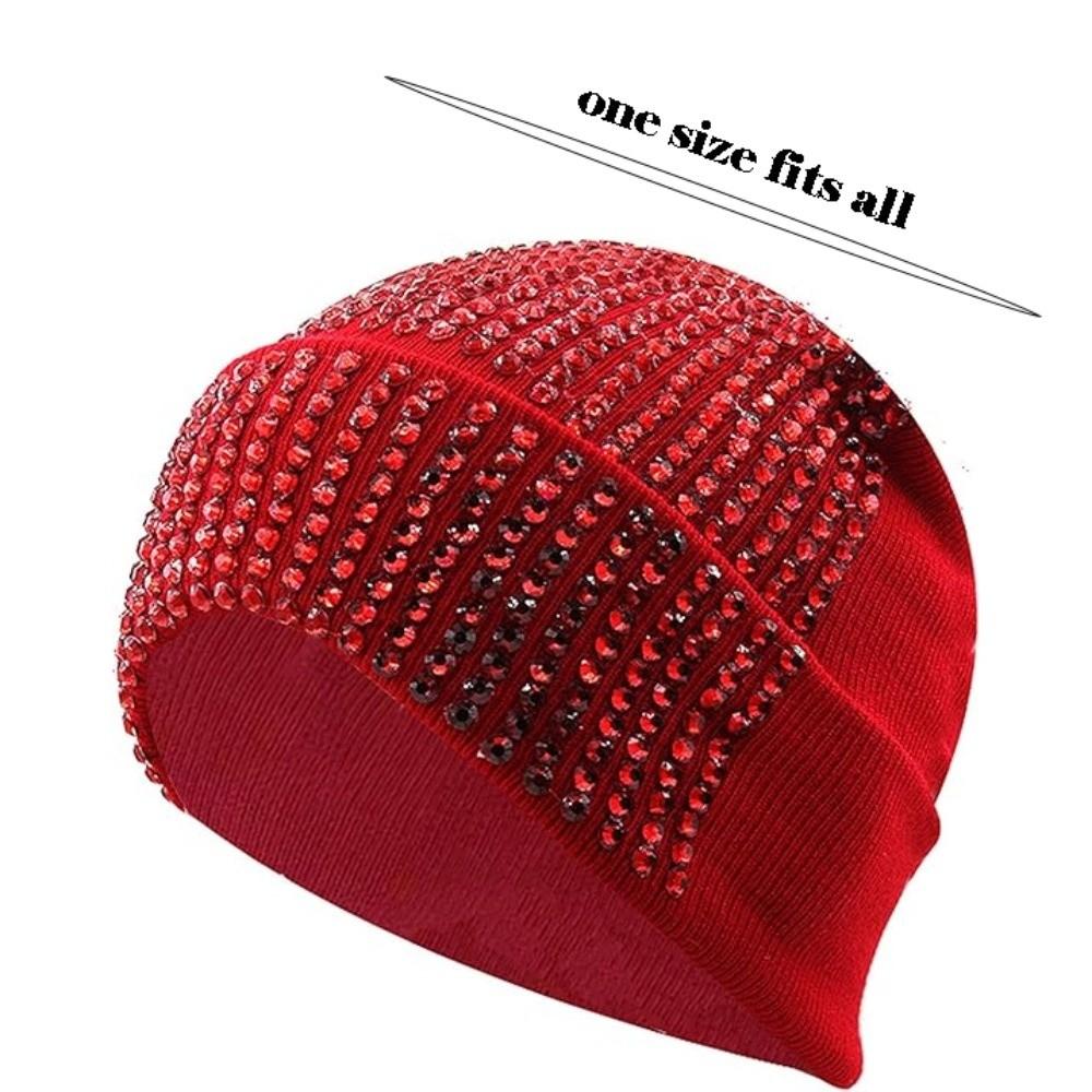 Y2K Vielseitige Beanie Mütze Warm Dehnbar Kräuselung Strass Strickmütze Winddicht Glänzend Skimützen für Damen und Herren