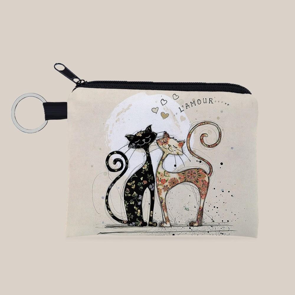 

New Cat Print Coin Purse Polyester Square Keychain Coin Pouch with Zipper Portable Small Wallet