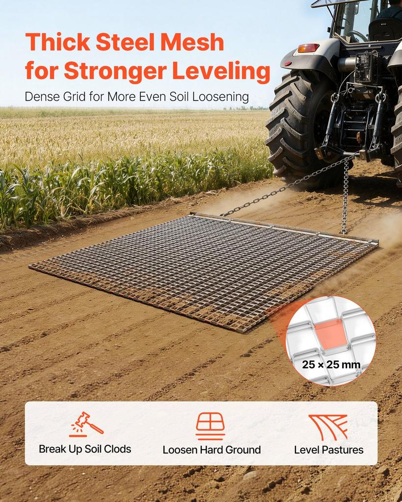 Drag Harrow, 1.2x1.2 M , High-Efficiency Chain Harrow Rake, ATVs UTVs Tractors Attachments, Durable Galvanized Steel Mesh Drag Mat with Towing Chain,