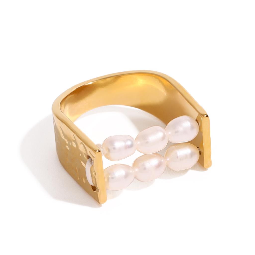 Youthway Double-Layer Freshwater Pearl Stainless Steel Ring For Unisex Gold Color Luxury Daily Jewelry Matching Gift