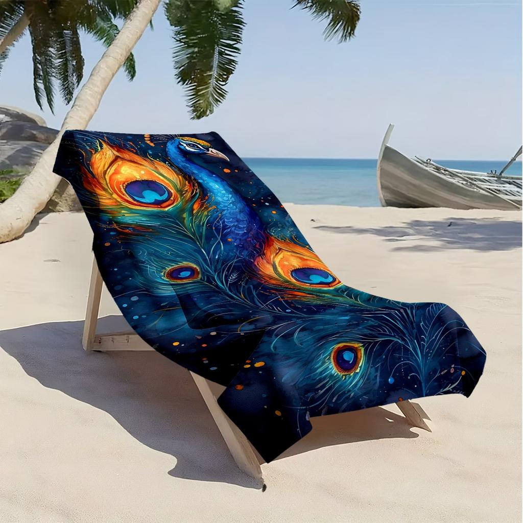 Dark blue peacock feather pattern polyester microfiber beach towel is highly absorbent, suitable for swimming and beach outings