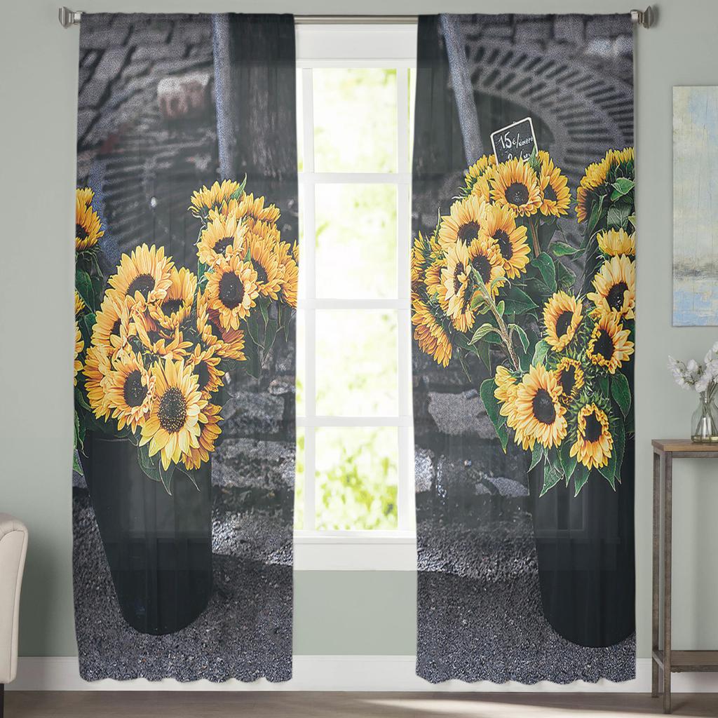 Sonnenblume Blumentopf Fensterbehandlung Tüll Moderne Transparente Vorhänge für Küche Wohnzimmer Schlafzimmer Vorhänge Dekoration