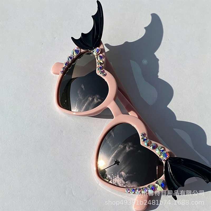 New Halloween Bat Wings Pink Heart Sunglasses with Handmade Gemstones in Dark Fairy Style for Personalized Look