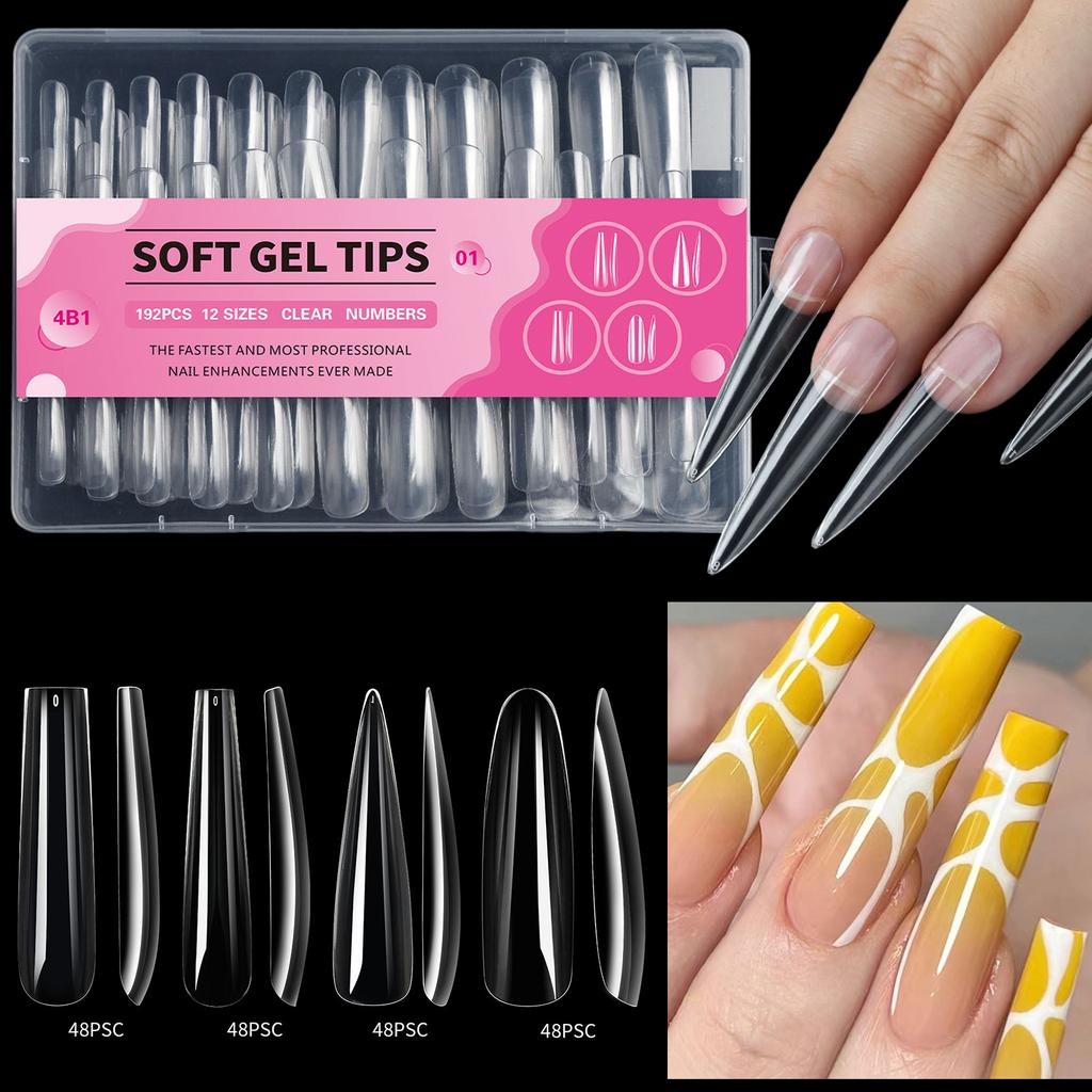 192x/Box Clear Nail Tips Soft Gels Tips Extras Long Full Cover Tips Ballerinas False Nail Nail Supplies for Acrylic Nail