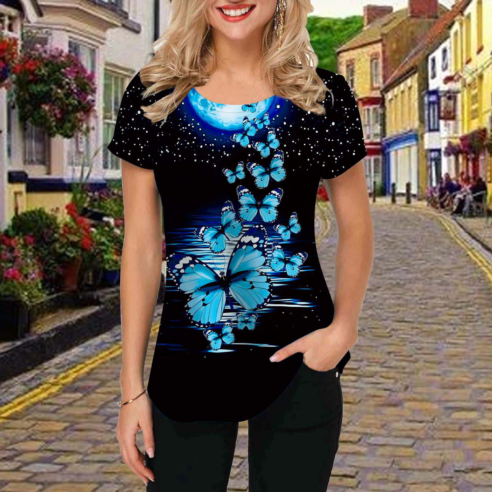 

Модная женская футболка с принтом двух бабочек, забавная повседневная футболка с круглым вырезом и короткими рукавами, летняя женская футболка 8XL темно-синий