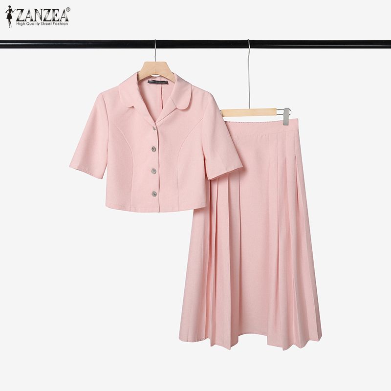 ZANZEA Completo estivo due pezzi da donna con blusa a maniche corte e gonna midi