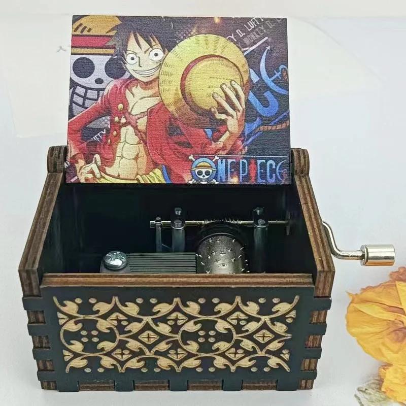 Anime One Piece Music Box Vintage Laser Engraved Wooden Hand Crank Music Box Room Decor Halloween Birthday Fans Toy Gift