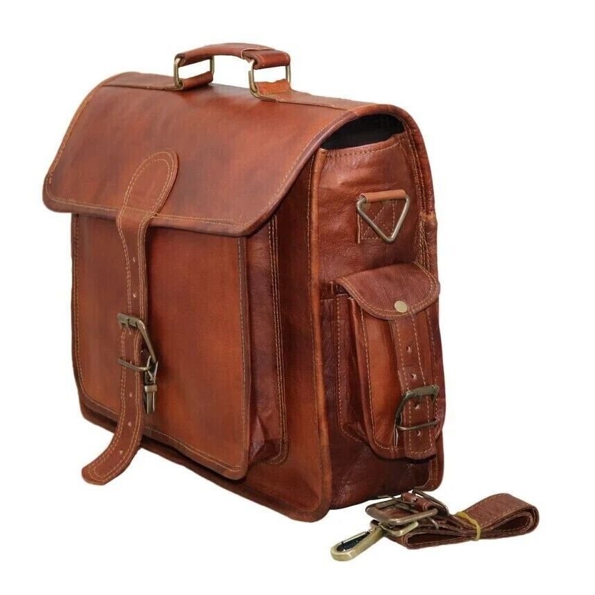 Мужская коричневая сумка через плечо для ноутбука из натуральной козьей кожи ручной — фото 5