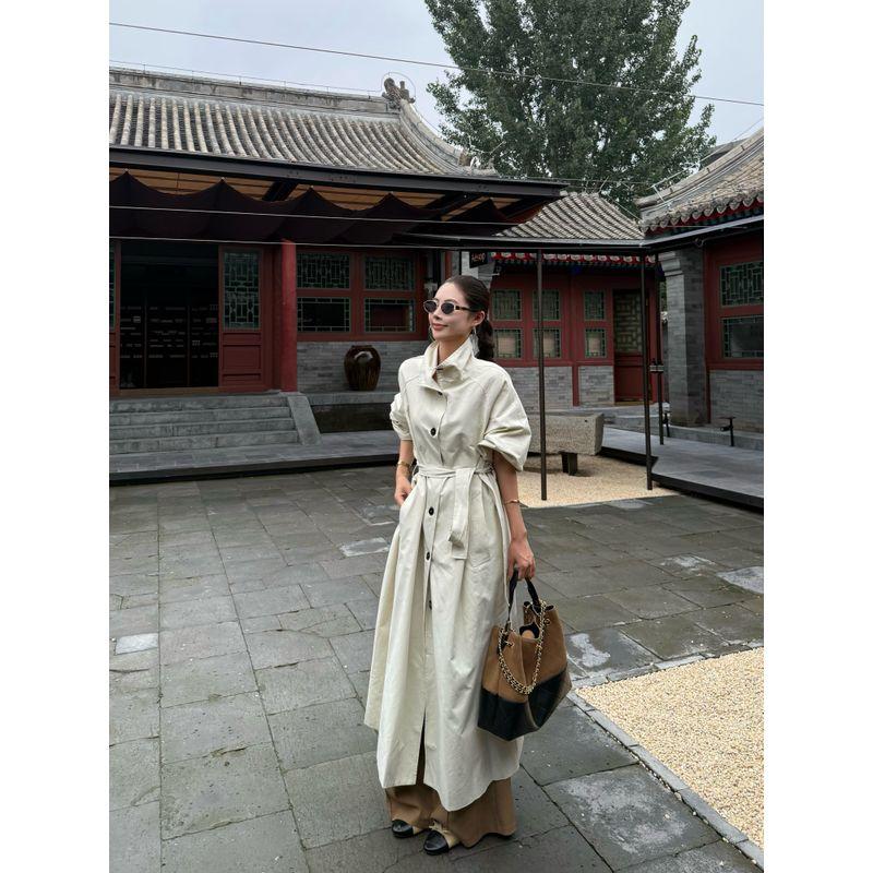 Kumikumi Fancy Beige Apricot Single-Breasted Strap Trench Coat Outwear Women's Autumn Loose Casual Pants Two-piece Set