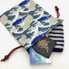 Kyosuke drawstring Fujiyama approximately x 19 with wooden medium drawstring gold wave Fuji Japanese Japanese-made bag/pouch, design, 24.5 cm, cotton,