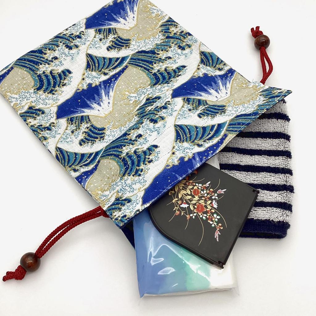 Kyosuke drawstring Fujiyama approximately x 19 with wooden medium drawstring gold wave Fuji Japanese Japanese-made bag/pouch, design, 24.5 cm, cotton,