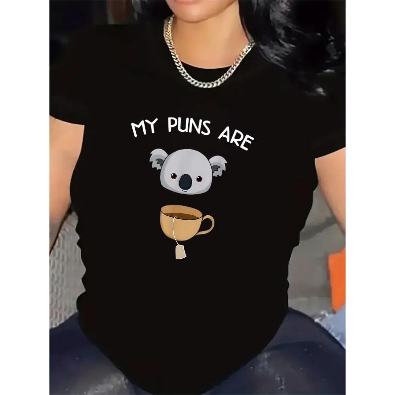 

Short Sleeve T-Shirt For Women With Koala And Tea Cup Puns Design | Perfect For Casual Wear At Home Or Cafe, Fun And Comfortable Daily Outfit S чёрный