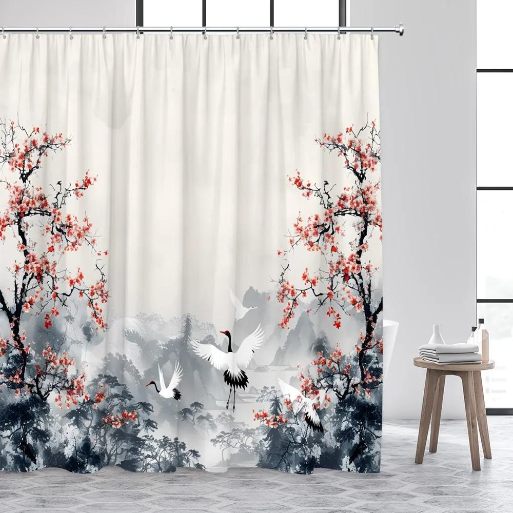 Japanese Style Ink Landscape Shower Curtain Sea Waves Crane Koi Fish Mountain Waterfall Plant Floral Bathroom Curtains Decor Set