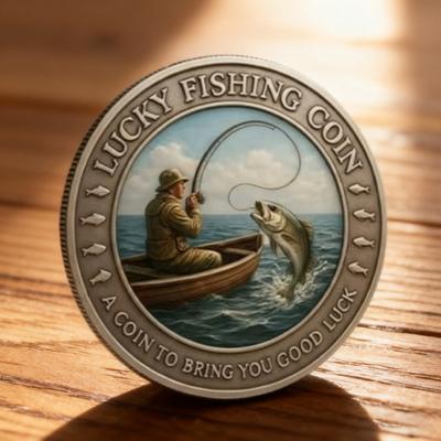 Yousheng 1/2Pcs Lucky Fishing Coin Bring You Good Luck Fishing Token Metal Carving Souvenir Coin Badge Decoration Dad Husband Fishermen Fishing Gift