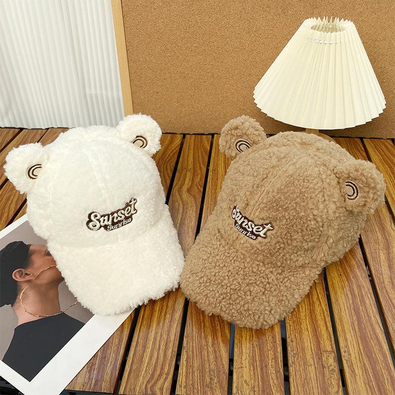 Korean Version Ins Cute Bear Ears Hat Women's Lamb Velvet Letter Embroidered Baseball Cap Winter Warm Peaked Cap