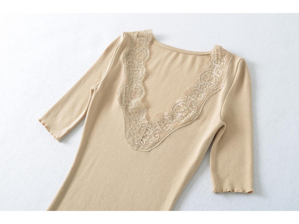 Elegant Lace Patchwork 5-Sleeve V-Neck Slimming Top - Spring/Summer 2026