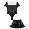 Pánský ženský kostým služky Set Patentovaný kožený body s nafouknutými rukávy Krajková ozdoba Sukně A-linie Crossdressový outfit