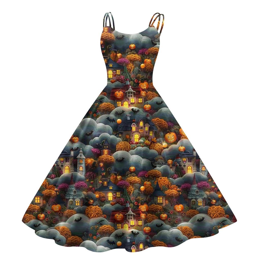 Women's Fashion Casual Halloween Print Sexy Off Shoulder Punk Retro Dress