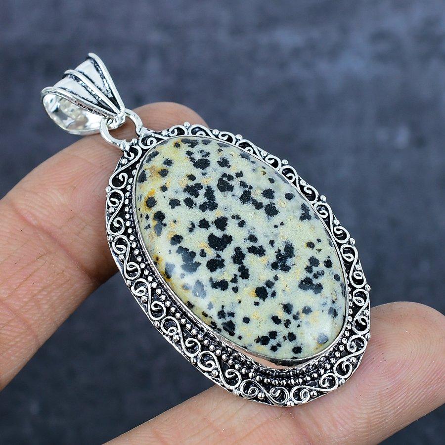 Piatră prețioasă Jasp Dalmațian Natural Argint Sterling 925 Bijuterii Pandantiv 2.52" R0l79