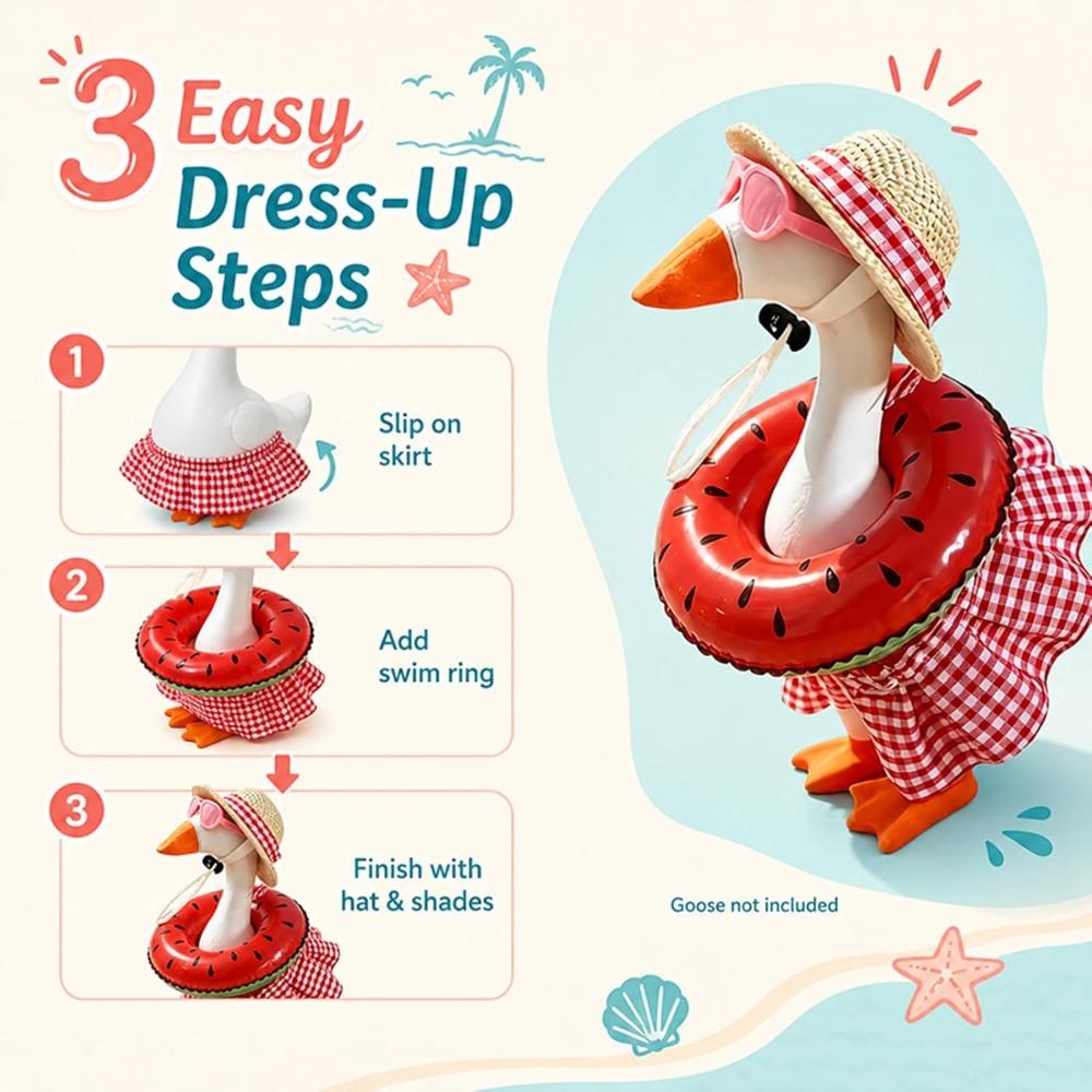 Summer Bikini Desk Goose Outfits, 7 Inch Mini Desktop Goose Clothes with Straw Hat, Sunglasses Swim Ring,Hawaiian Geese Costume