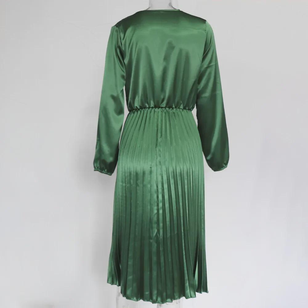 Herbst Damen Langarm V-Ausschnitt Plissiert Einfarbig Modekleid