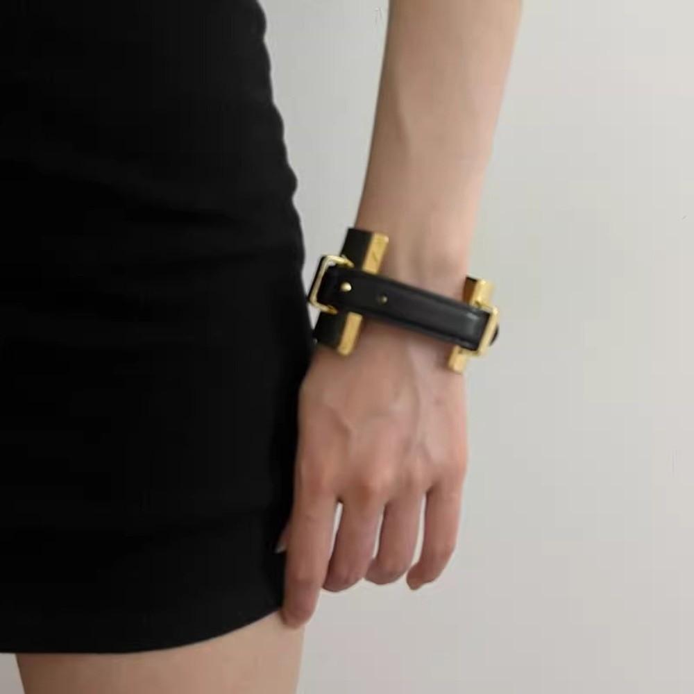 Armlet Exaggerated Metal Bangle Silver Women Open Bangle Belt Buckle Leather Bracelet  Party
