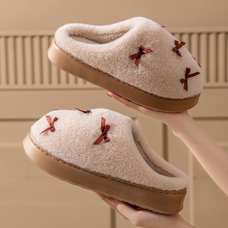 Cute Bow Cotton Slippers Autumn and Winter Indoor Home Cotton Mop Warm and Velvet Couple Hair Slippers