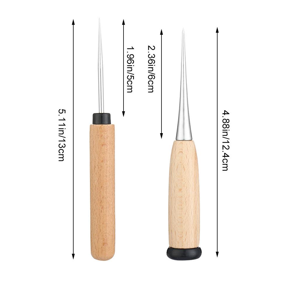 2 Styles Leather Craft Awl Tool Hole Maker Wooden Handle Sewing Stitching Punching Sewing Supplies Stainless Steel Punch Tools