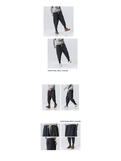 Men's 2025 Autumn Cotton Linen Cuffed Pants - Solid Color, Japanese & Chinese Style, Thin Drop Crotch Design