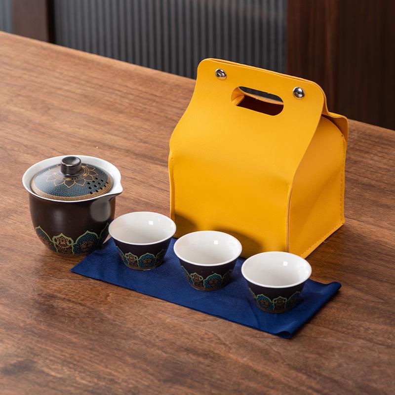 High-end Guochao travel tea set, household high-end business gifts, light luxury, a pot of three cups, commemorative souvenir gifts