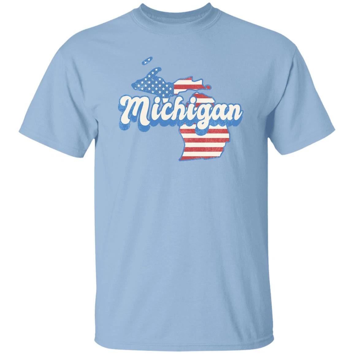 Michigan US flag Unisex T-Shirt American patriotic MI state tee White Ash Blue 4XL