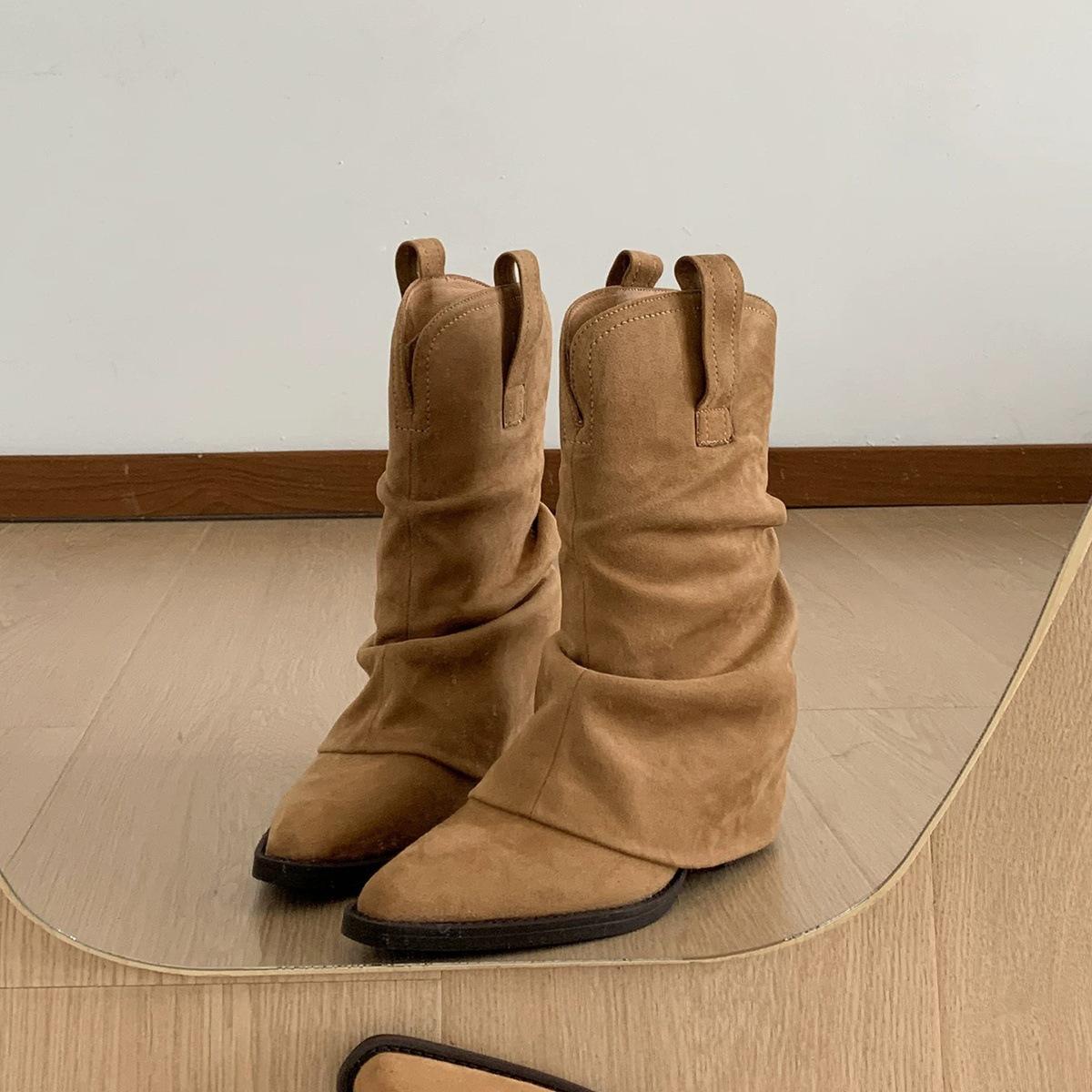 Vintage Pointed Western Cowboy Boots Women s Autumn/Winter Maillard Pile Boots High Heel Boots 35