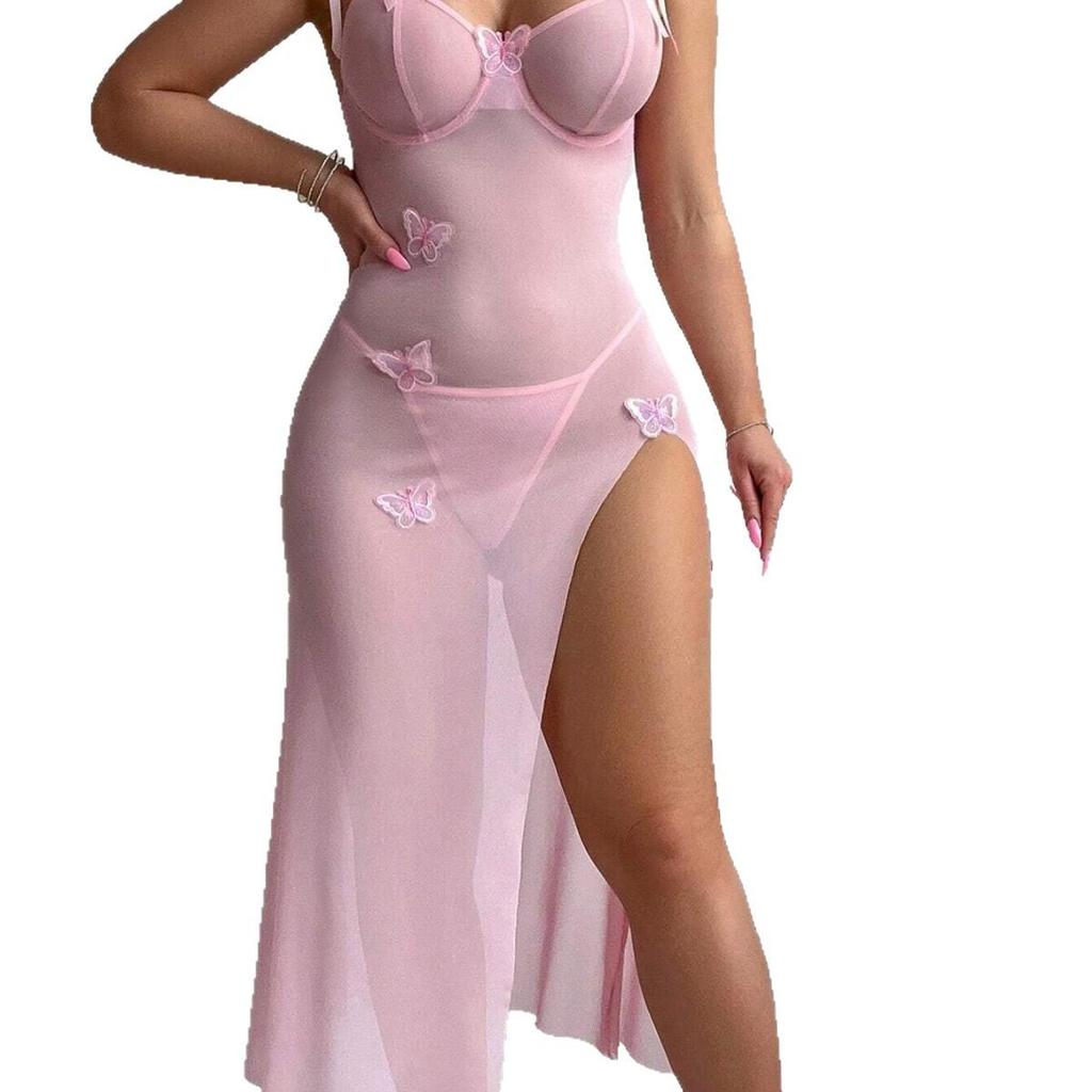 Sheer Mesh Embroidered High Slit Butterfly Lingerie Dress