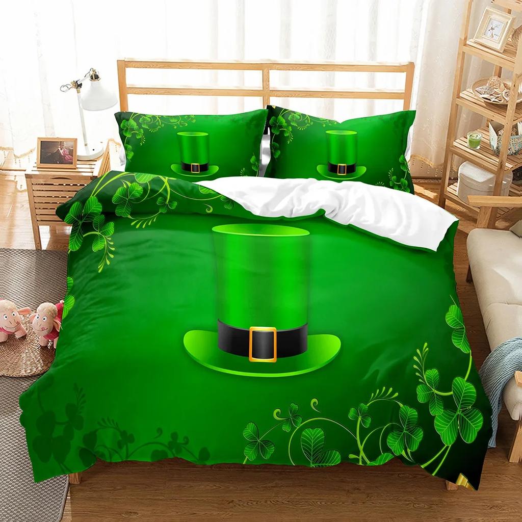 Happy St Patrick's Day Duvet Cover Set Plant Clover Bedding Set Green Lucky Leaf Quilt Cover Botanical Leaves Bedspread Cover