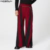 INCERUN Men's High Zipper Waist Striped Patchwork Casual Long Flare Pants Trousers