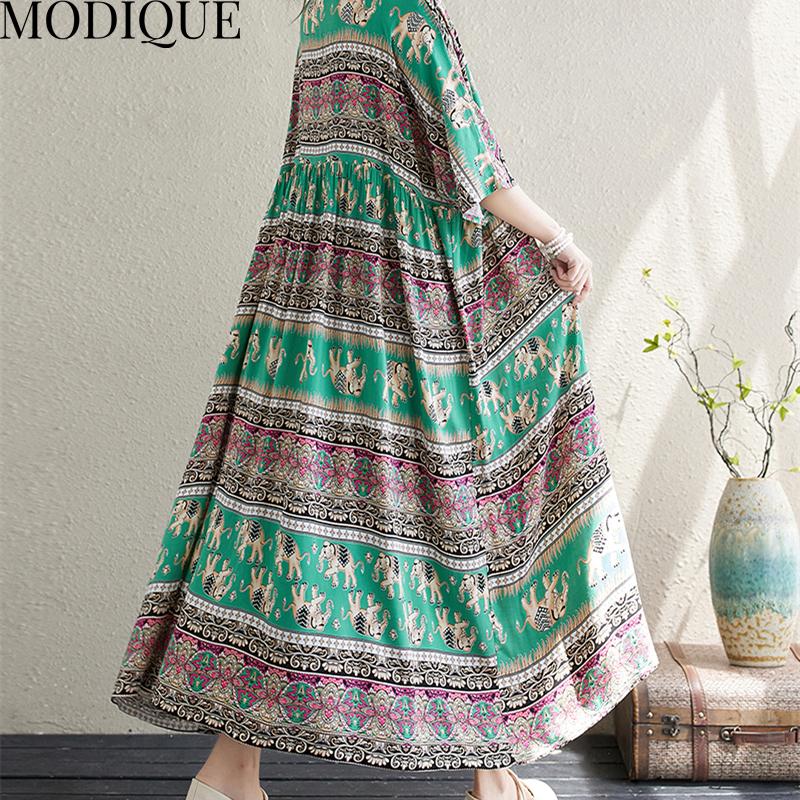 MODIQUE Sommer Übergröße Neues Kleid Hemd Damen Vintage Baumwolle Leinen Falten Kleid Drucken Lässig Damenkleider Kurzarm O-Ausschnitt Volantkleid