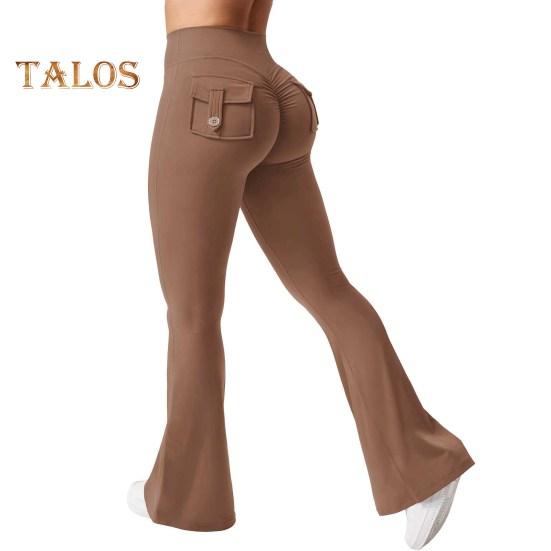 Women Yoga Pants Solid Color Slim Fit Flared Pants with Pockets Thin Elastic Cargo Style Sexy Ruched Long Pants