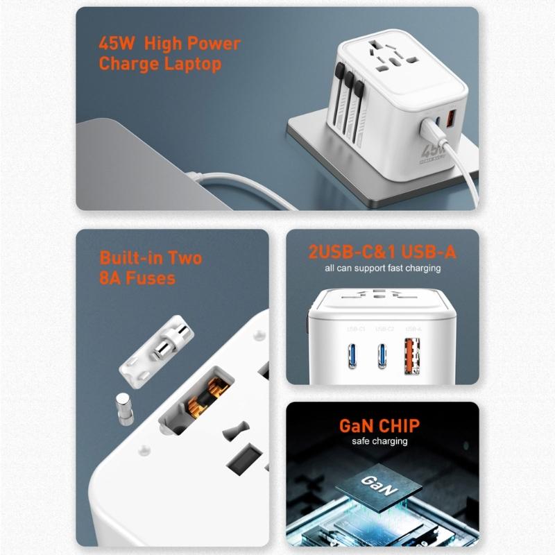 45W 65W Worldwide Travel Plugs Adapter Supports Over 300 Countries with Two USB C and USB A Port
