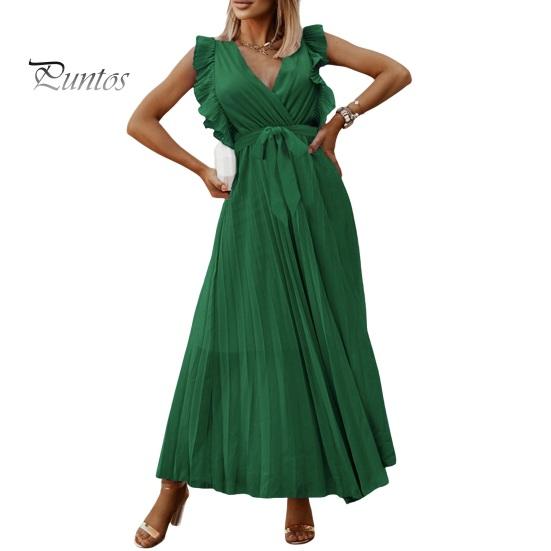 

Летнее женское платье с рюшами и летящими рукавами, плиссированное платье с V-образным вырезом, однотонное, трапециевидное, с большим подолом, на шнуровке, с тонкой талией, для свиданий, шопинга, макси-платье S зелёный