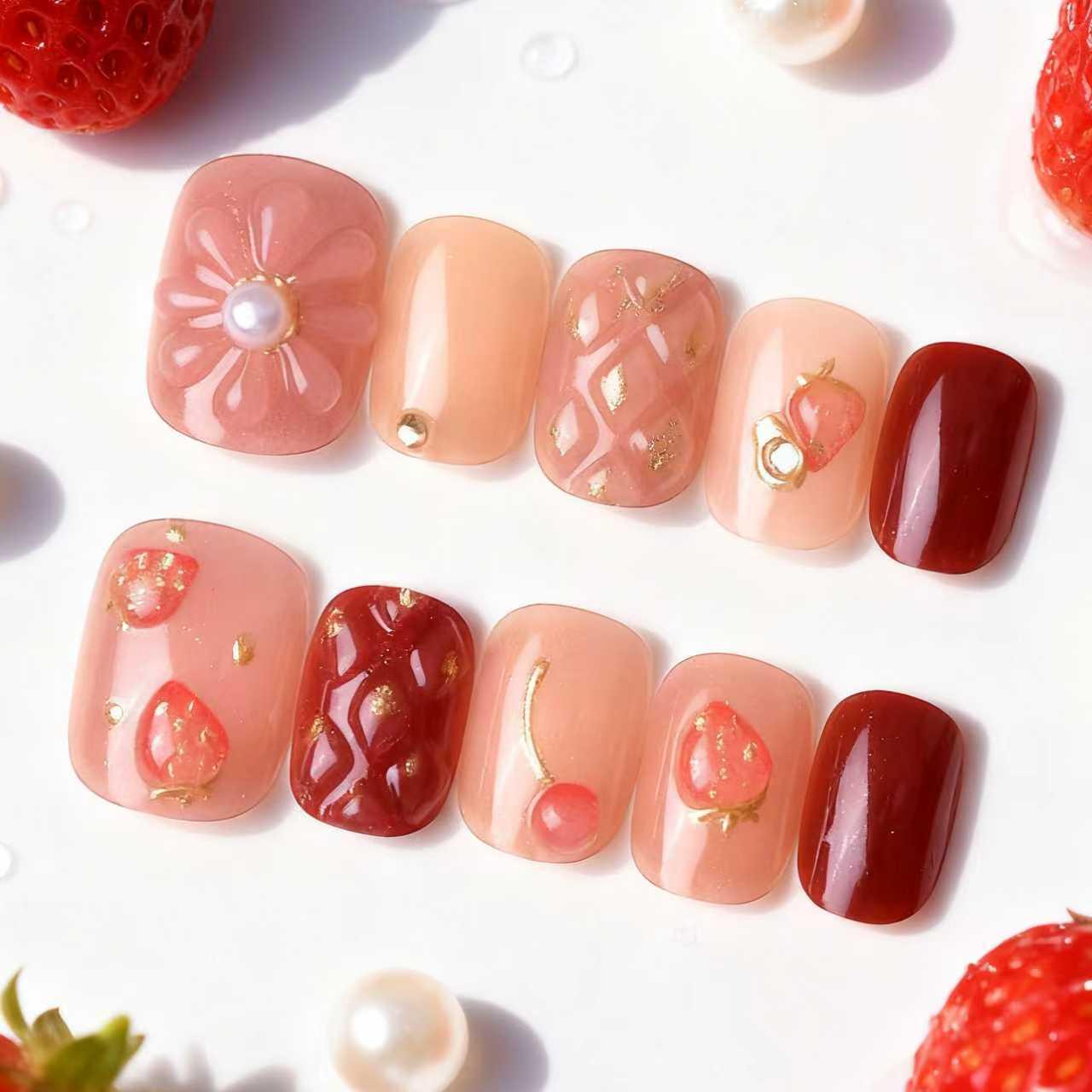 30-Piece 3D Rhinestone Manicure Set: Strawberry Gold Foil Flower Nail Tips