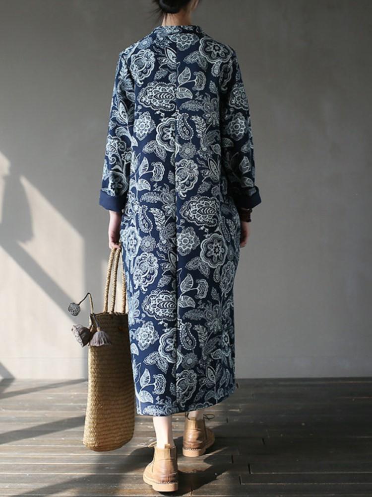 Johnature Women Vintage Dress White Blue Chinese Style Cheongsam Autumn Winter Stand Long Sleeve Fleece Warm Dress